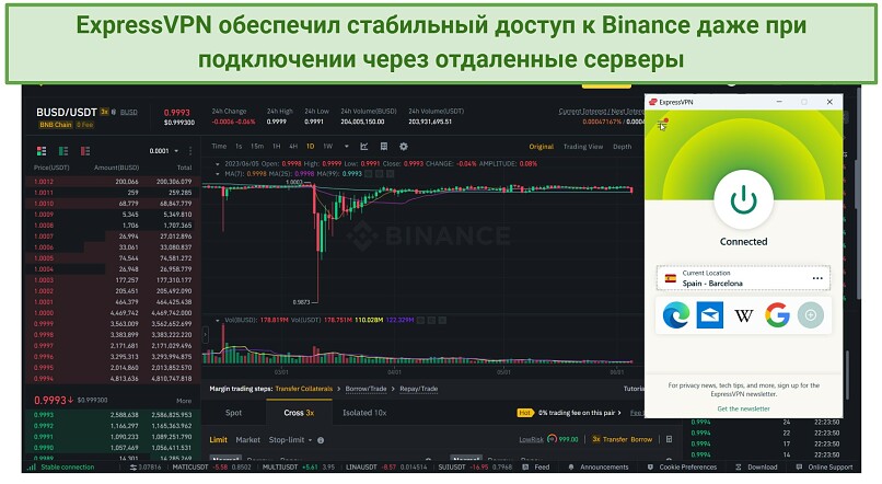 A screenshot showing ExpressVPN's Mexico server successfully unblocking Binance.com in the US